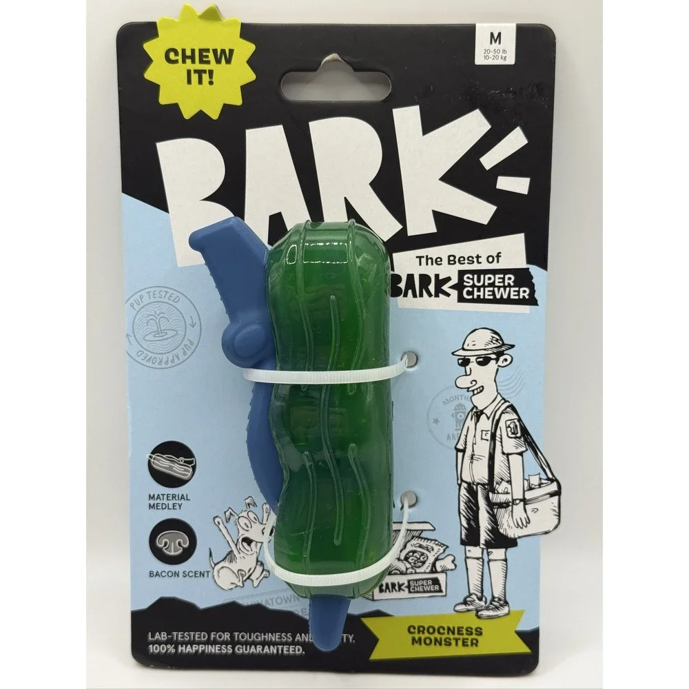 BARK Crocness Monster Dog Toy M Squeaky Bacon Scent Super Chewer Green Blue
